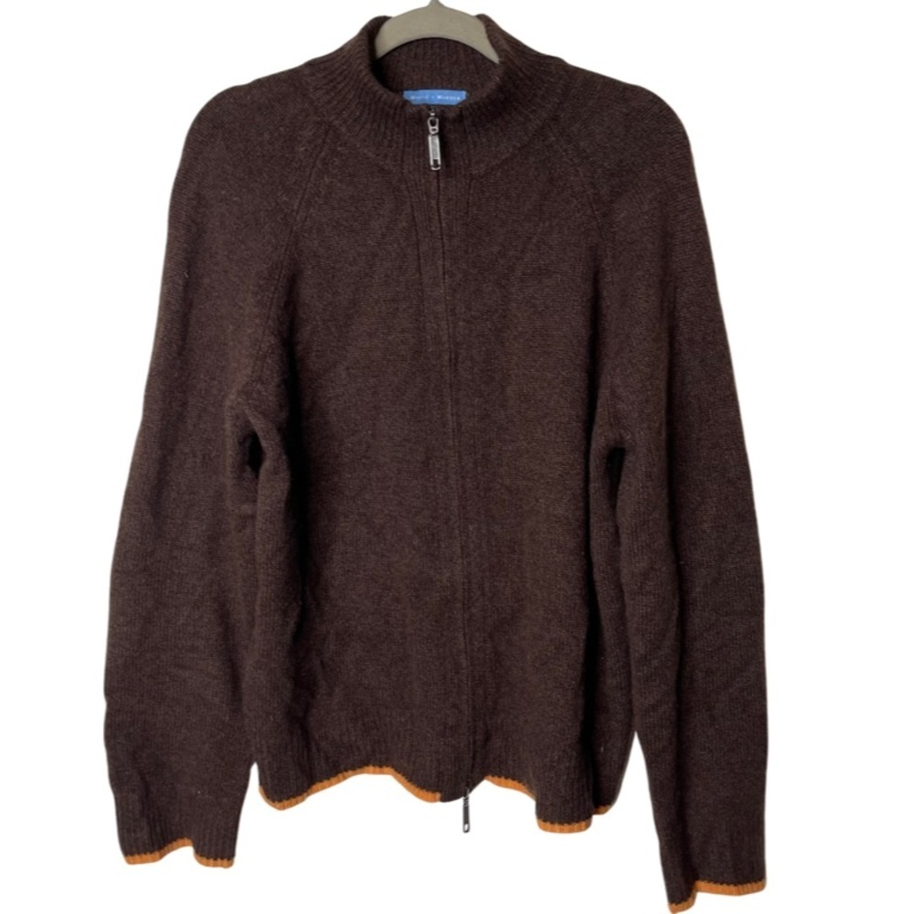 White + Warren men brown cashmere wool blend full zip sweater sz L